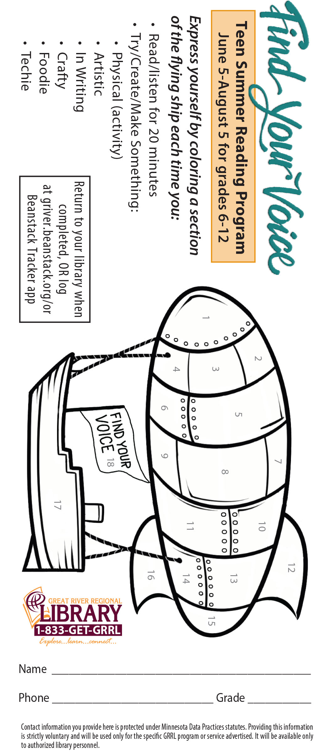 Teen Summer Reading Program Reading Record Bookmark