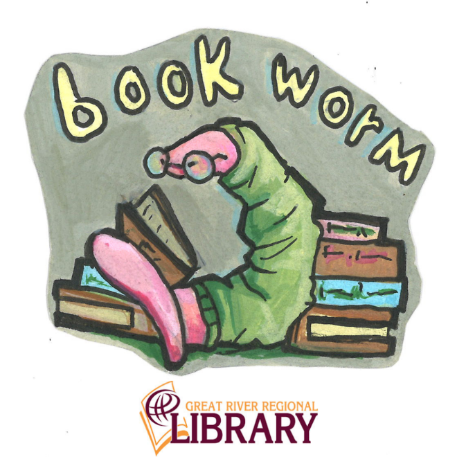 worm wearing a sweater and reading glasses, open book, next to a stack of books